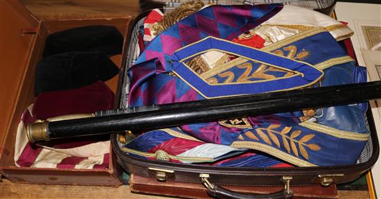 A quantity of assorted Masonic regalia including a sword and staff